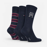 Tommy Hilfiger 3 Pack Giftbox Monogram Stripe Mens Crew Socks Navy