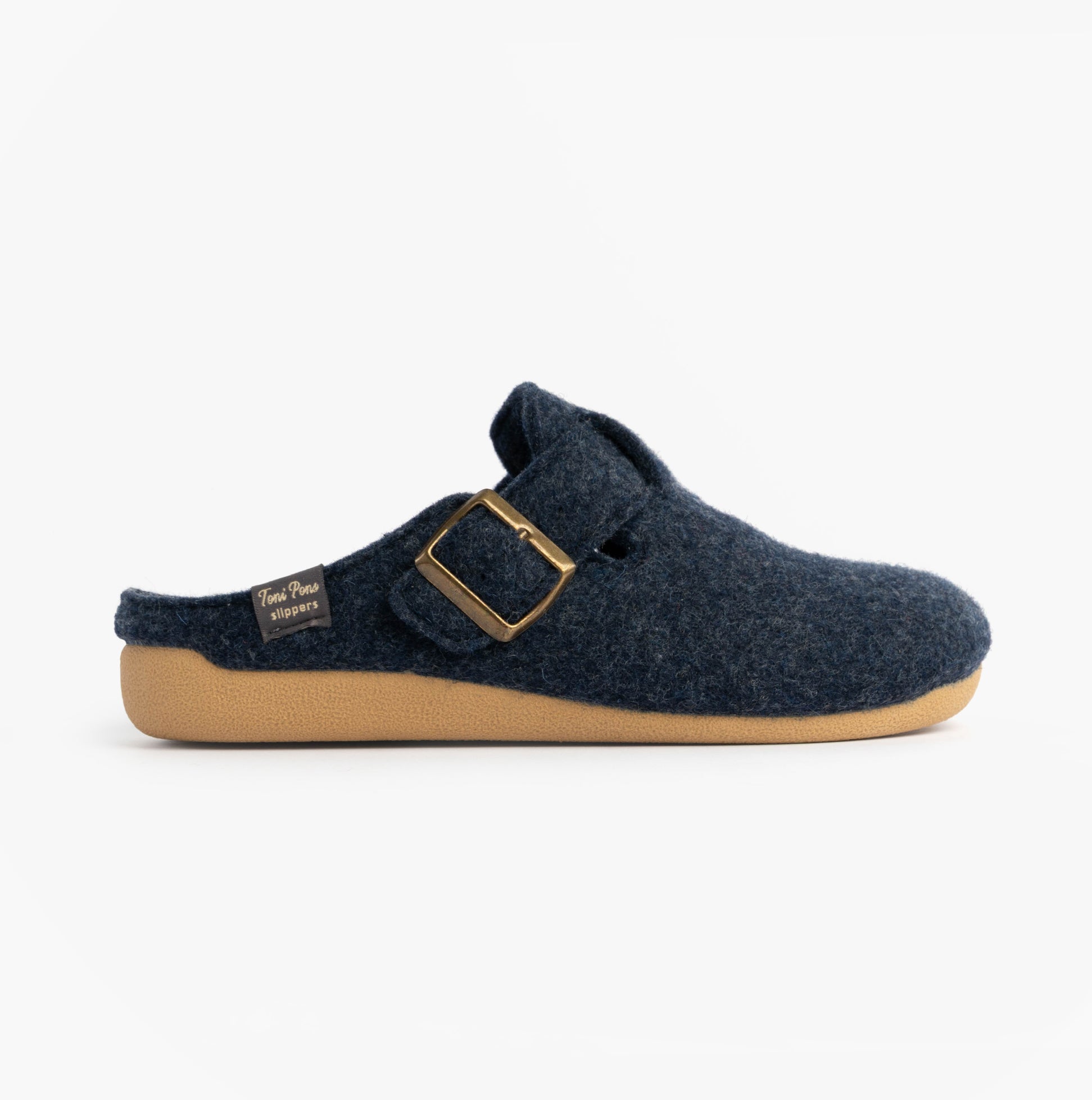 Toni Pons MIMA-FP Womens Mule Slippers Blue side view with felt upper and rubber sole.
