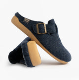 Toni Pons MIMA-FP Womens Mule Slippers Blue side view showcasing felt upper and rubber sole with buckle detail.
