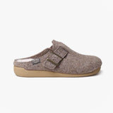 Toni Pons MIMA-FP Womens Mule Slippers Taupe side view showcasing felt upper and rubber sole.