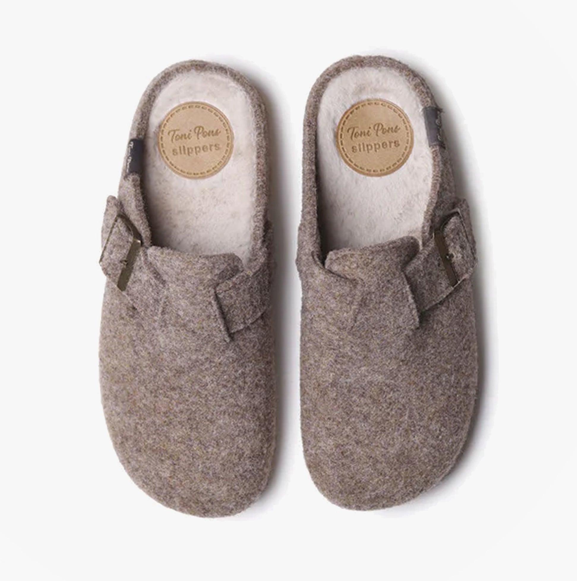 Toni Pons MIMA-FP Womens Mule Slippers Taupe top view showing felt upper and faux fur lining