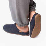 Toni Pons MONA-FR Womens Mari side view of blue felt slipper mules with slip-on design and flat sole.