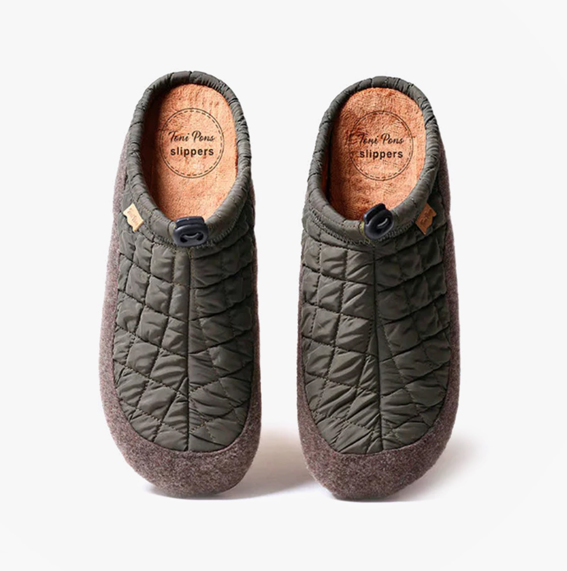 Toni Pons NADIR-UM Mens Caqui top view of green felt mules with round toe, slip-on design, showcasing soft lining and quilted upper.