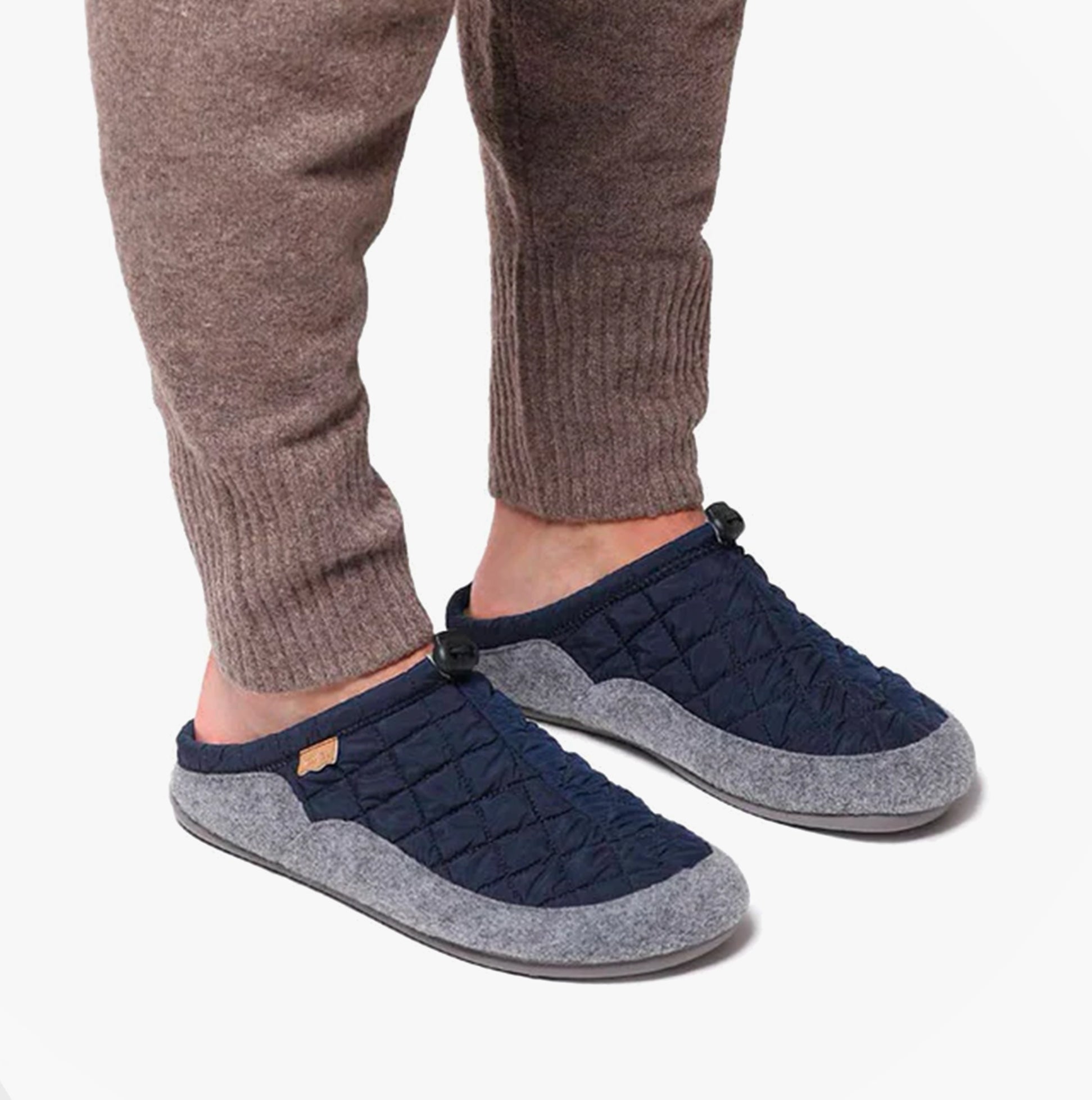 Toni Pons NADIR-UM Mens Mari blue mules side view worn with grey pants, comfortable and breathable slip-on slippers.