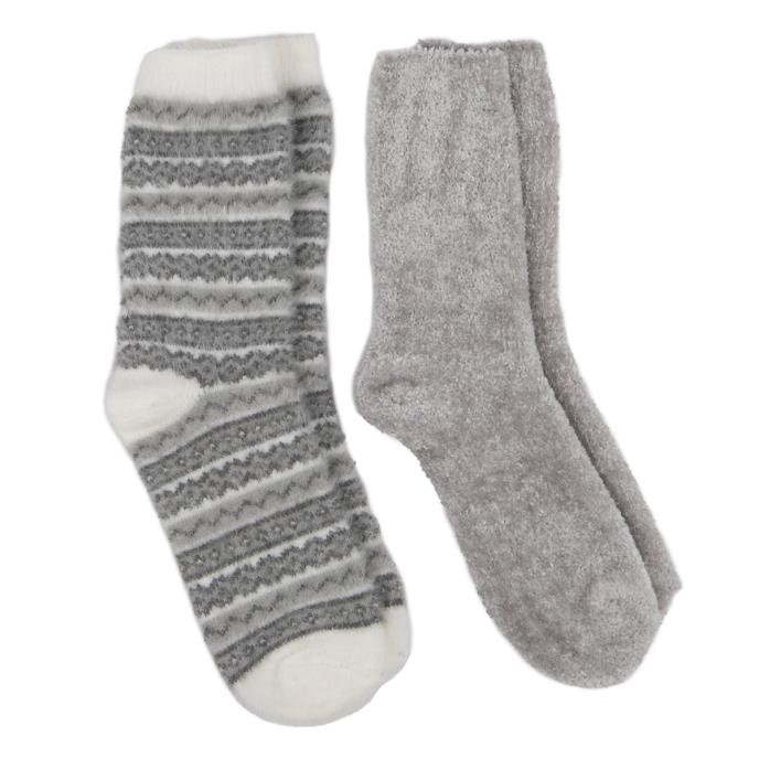 Totes Toasties FAIR ISLE Chenille Womens Socks Grey, side view showing two pairs, one patterned and one solid grey.