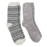 Totes Toasties FAIR ISLE Chenille Womens Socks Grey, side view showing two pairs, one patterned and one solid grey.