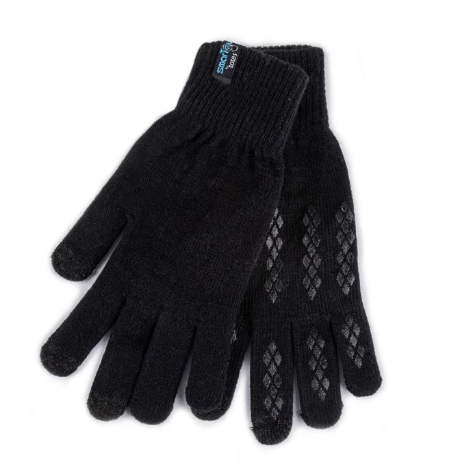 Totes Toasties STRETCH KNITTED Touchscreen Gloves Mens Black, front view showing palm grippers and warm lining details.