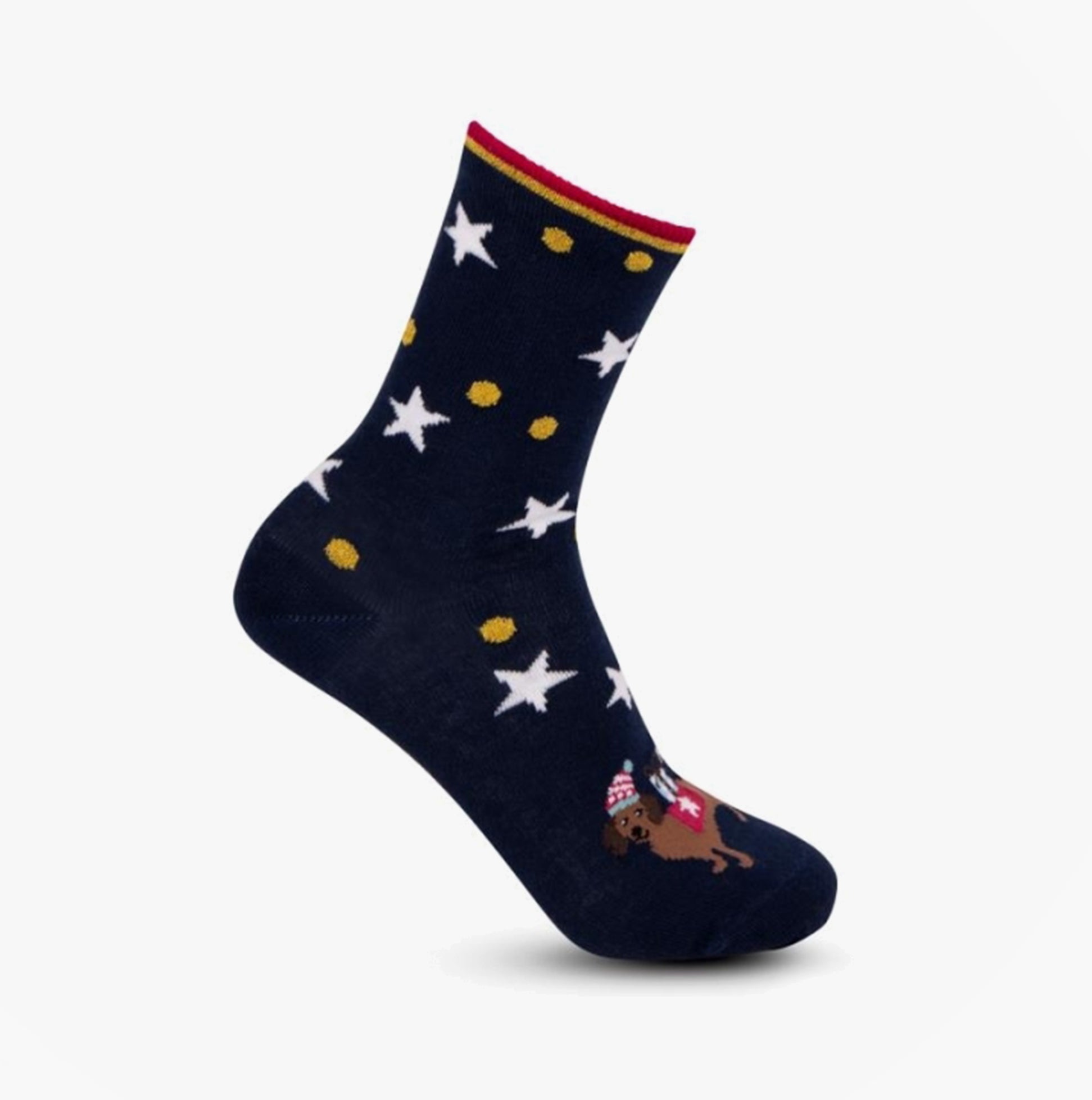 Totes Isotoner NOVELTY ANKLE Womens Socks Dog side view navy with stars and dog design