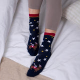 Totes Isotoner NOVELTY ANKLE Womens Socks Dog side view showing navy fabric with stars and a dog design.