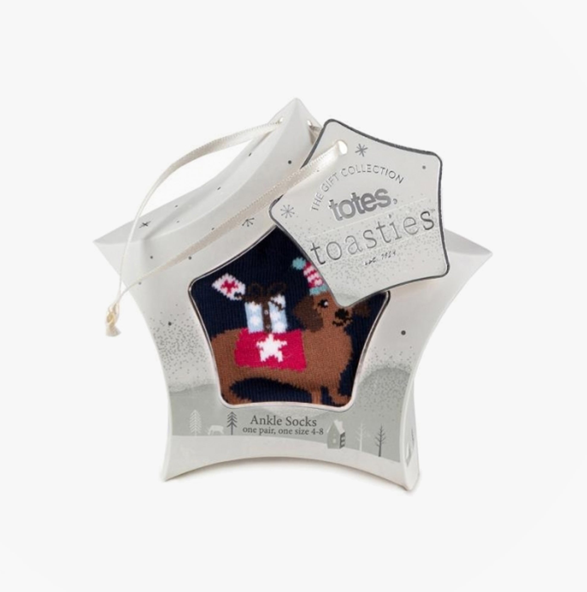 Totes Isotoner NOVELTY ANKLE Womens Socks Dog in gift box, star-shaped packaging, featuring cute dog design