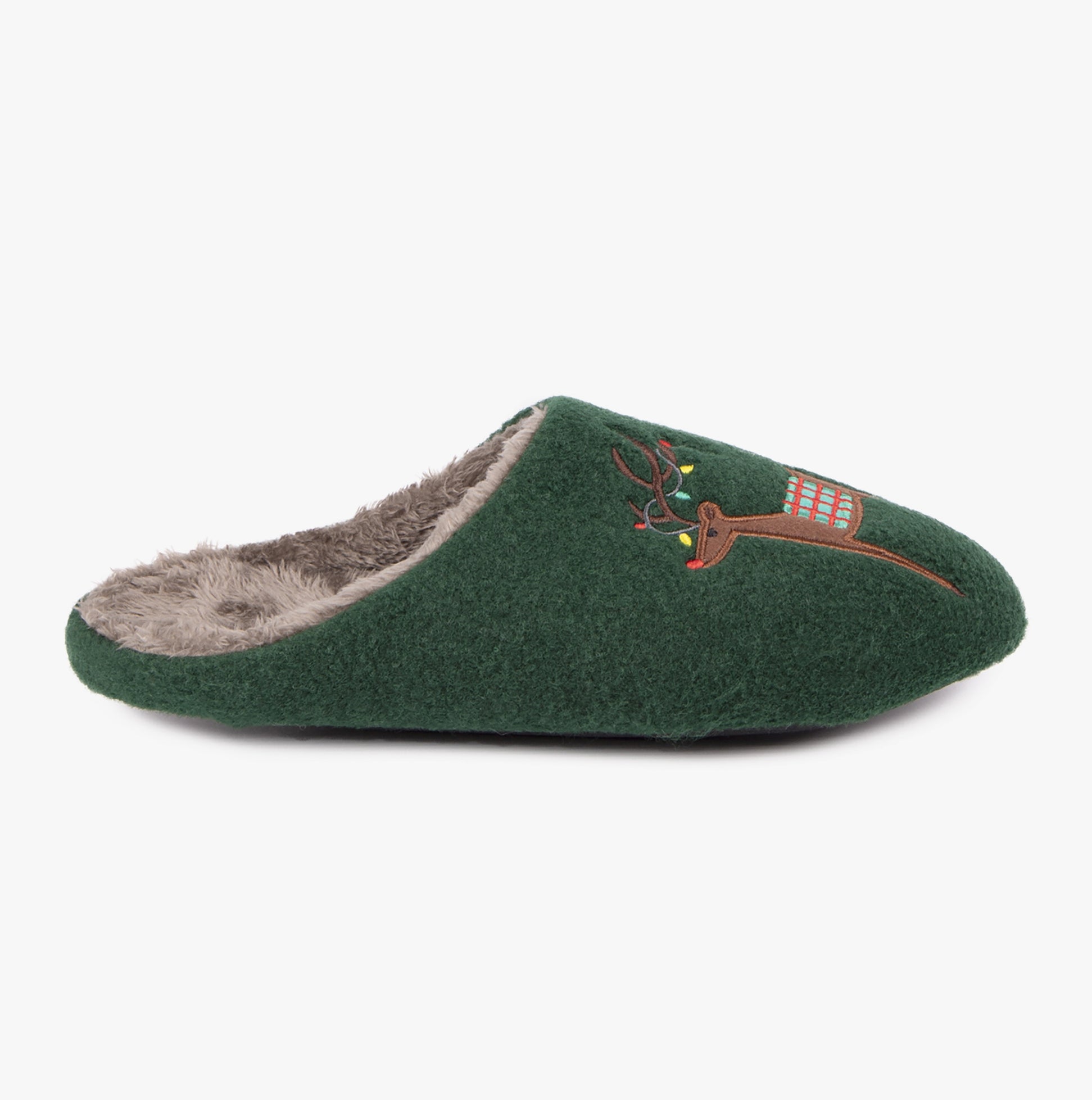 Totes Isotoner NOVELTY REINDEER Mens Mule Slippers Green side view with reindeer design and soft lining.