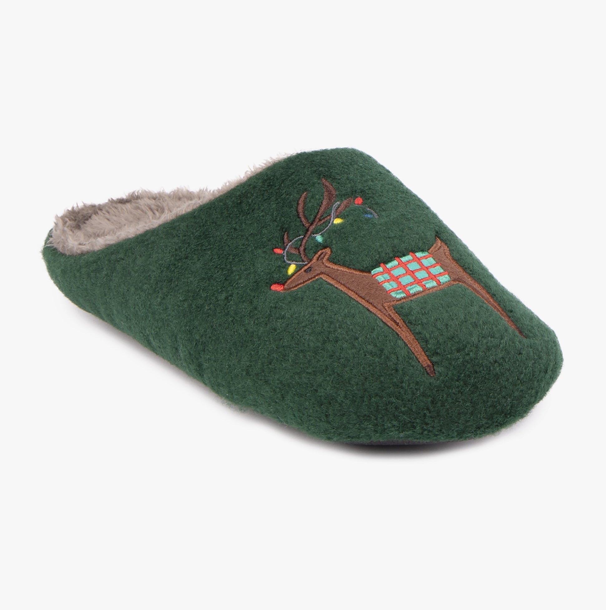 Totes Isotoner NOVELTY REINDEER Mens Mule Slippers Green side view showing reindeer design and cozy lining.
