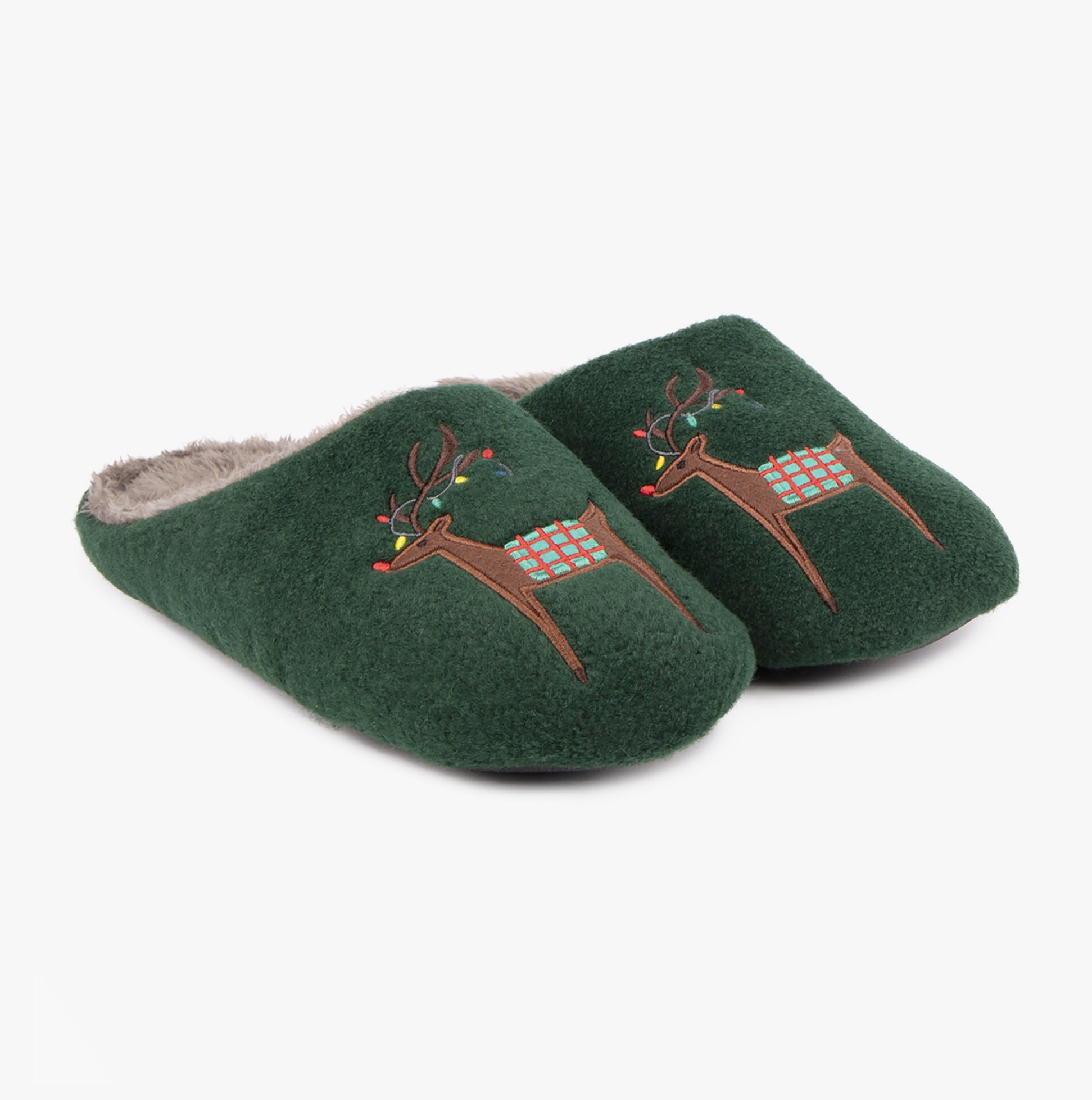 Totes Isotoner NOVELTY REINDEER Mens Mule Slippers Green side view showing festive reindeer design and soft lining.