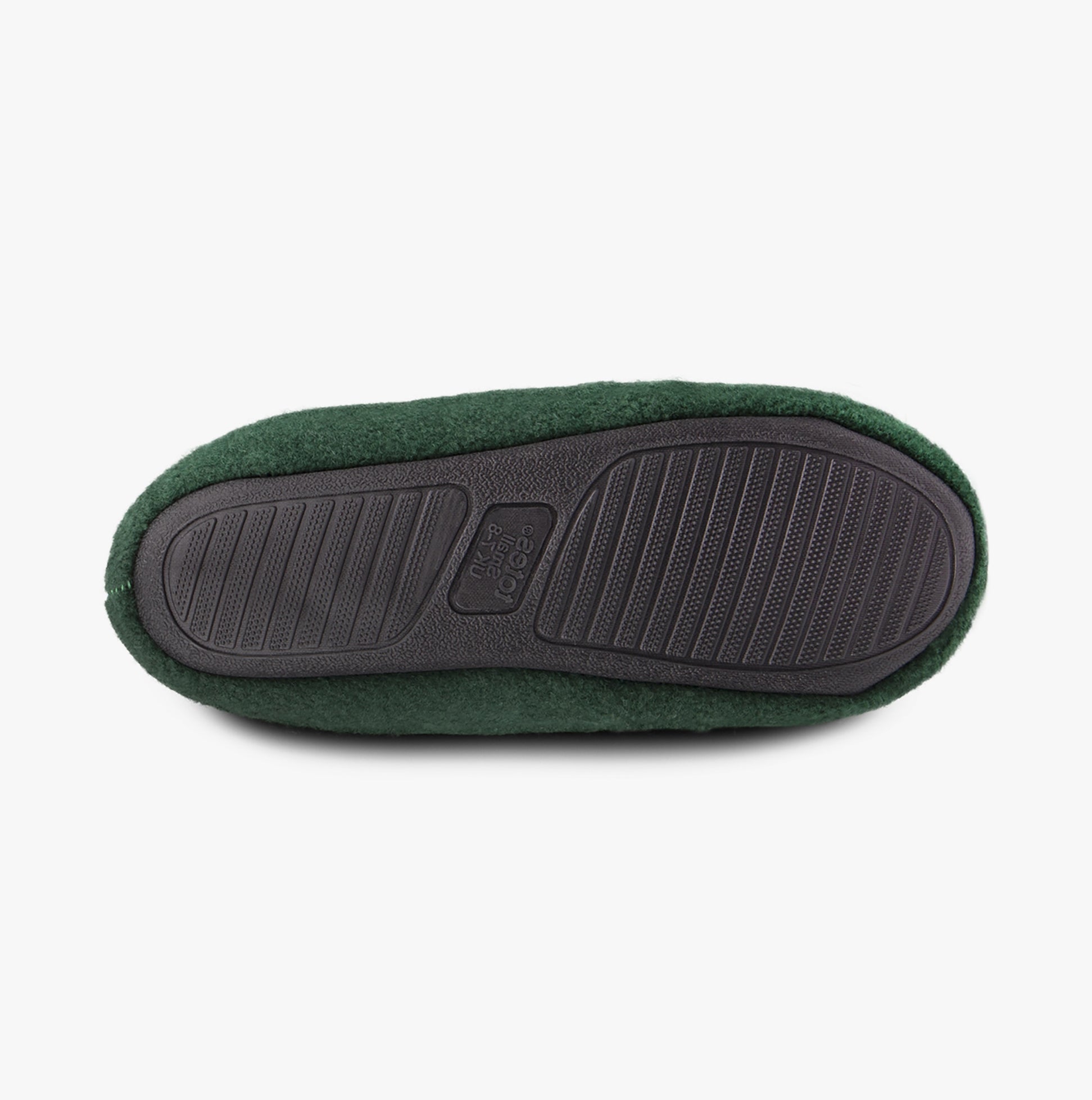 Totes Isotoner NOVELTY REINDEER Mens Mule Slippers Green bottom view showing TPR sole with textured surface.