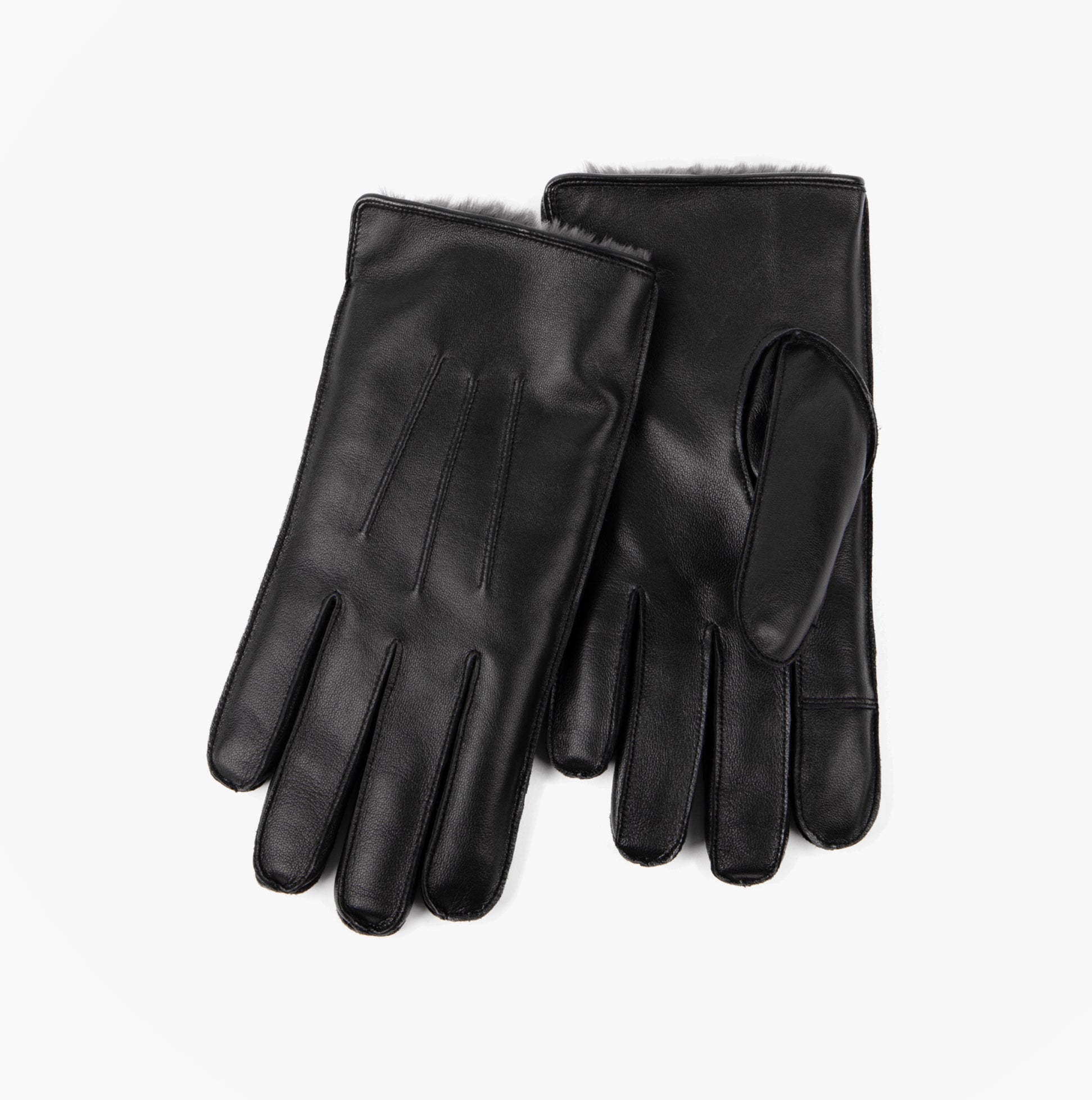 Totes Isotoner PREMIUM 3 POINT LEATHER SMARTOUCH Mens Gloves Black, top view showcasing genuine leather and faux fur lining.