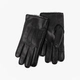 Totes Isotoner PREMIUM 3 POINT LEATHER SMARTOUCH Mens Gloves Black, top view showcasing genuine leather and faux fur lining.