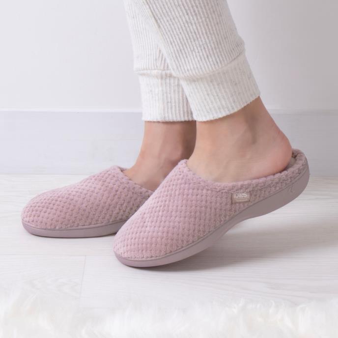 Totes Isotoner POPCORN TERRY Womens Mule Slippers Dusky Pink side view, featuring soft comfort with warm lining.