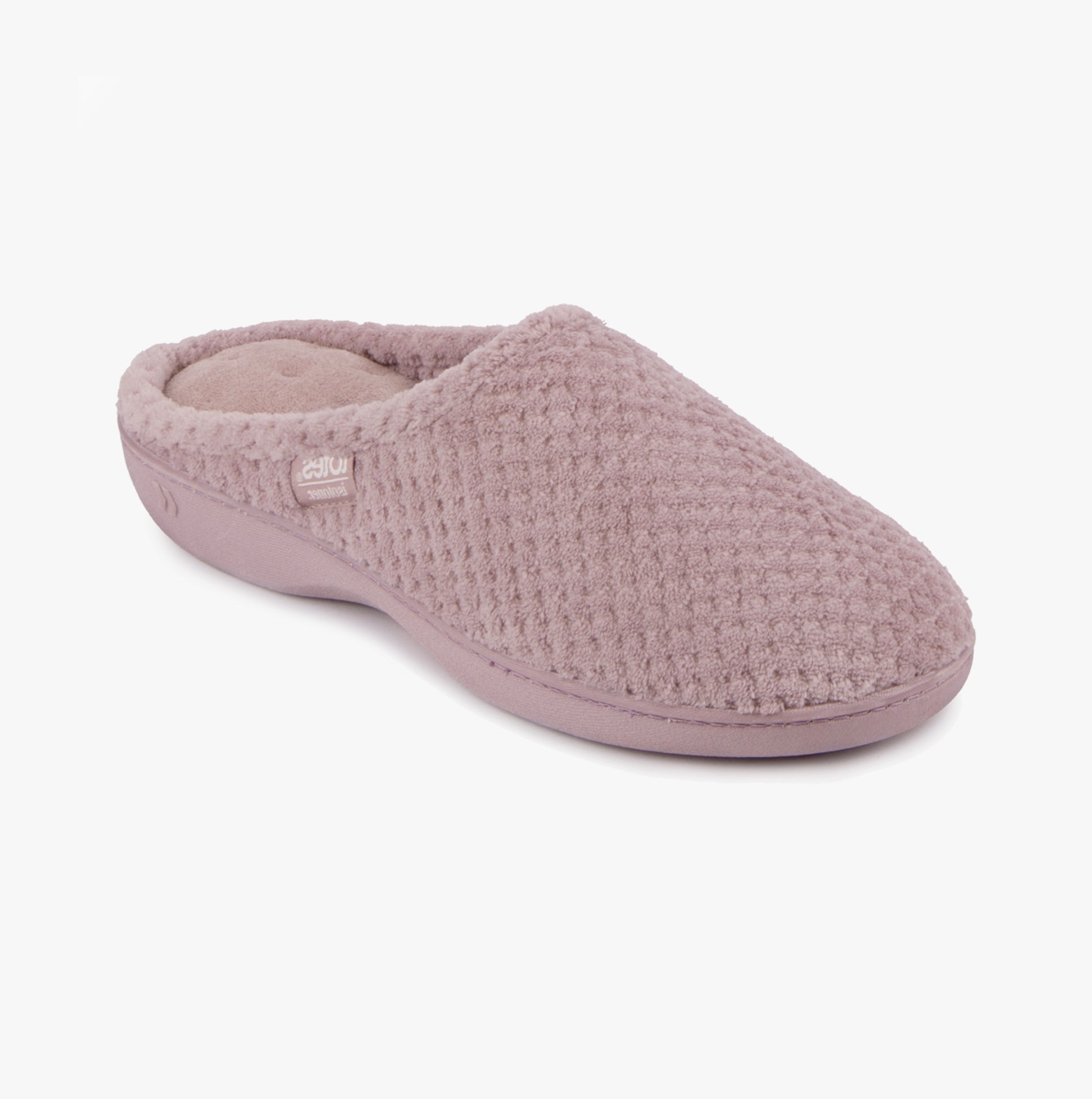 Totes Isotoner POPCORN TERRY Womens Mule Slippers Dusky Pink side view showcasing soft texture and slip-on design.