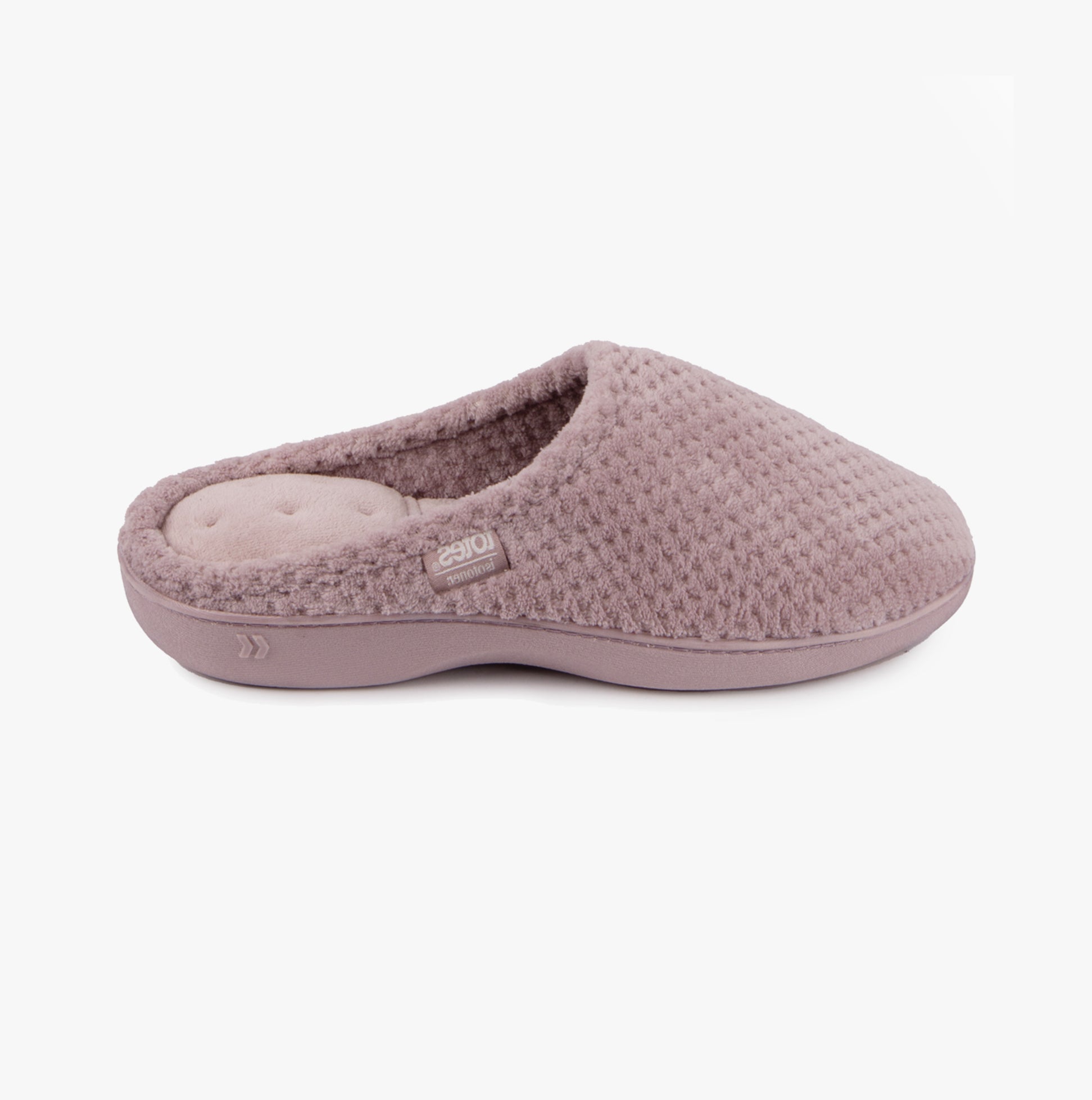 Totes Isotoner POPCORN TERRY Womens Mule Slippers Dusky Pink side view showcasing the soft terry fabric and slip-on design.