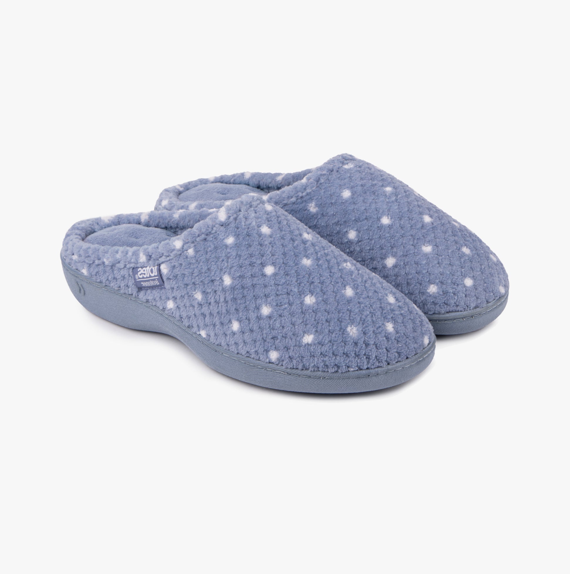 Totes Isotoner POPCORN TERRY Womens Mule Slippers Iris Blue Spot side view showing soft texture and comfortable design.