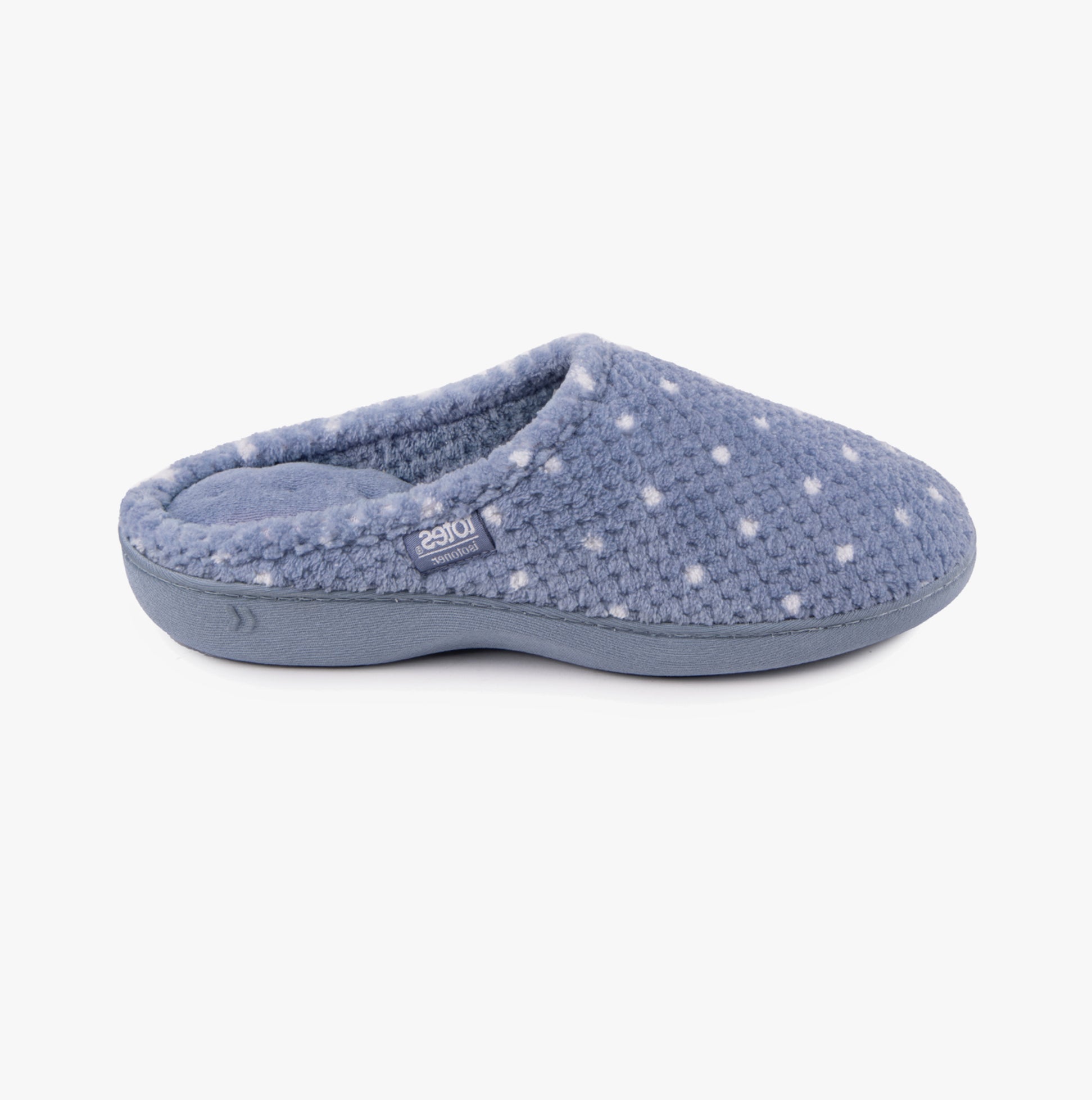 Totes Isotoner POPCORN TERRY Womens Mule Slippers Iris Blue Spot side view showing soft, comfortable fabric and round toe design.