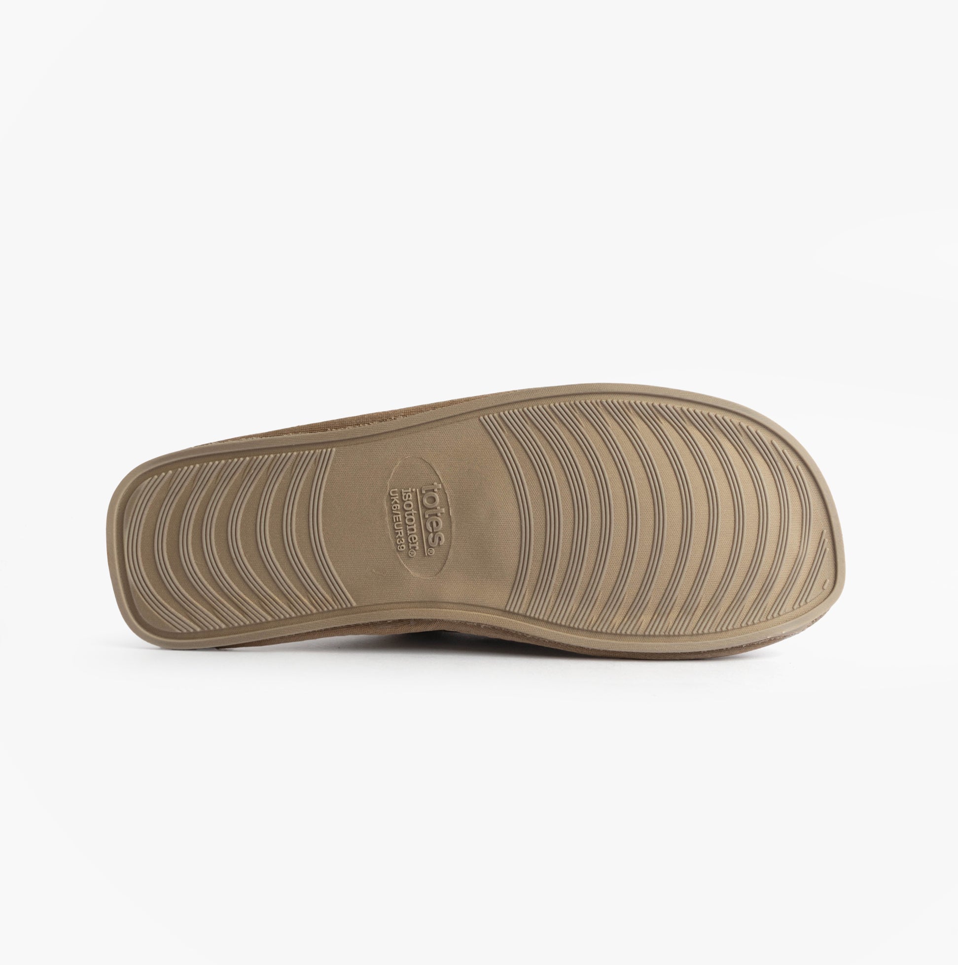 Totes Isotoner REAL SUEDE MULE Womens Slippers Sand bottom view of TPR sole with textured pattern for comfort and durability.
