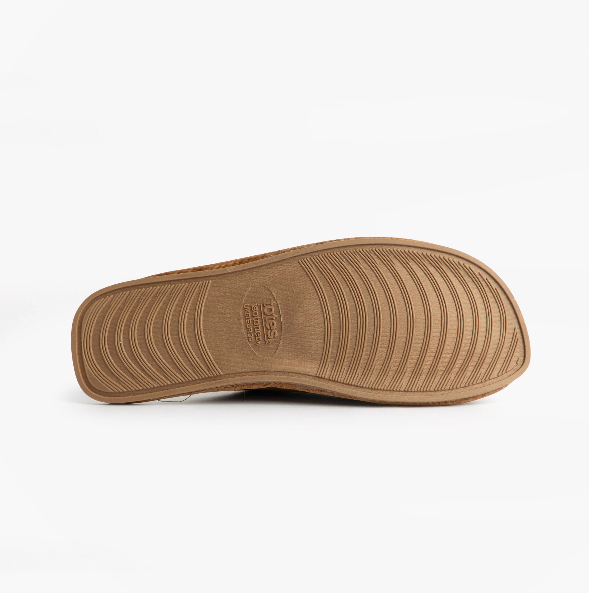 Totes Isotoner REAL SUEDE MULE Womens Slippers Tan bottom view showing sole detail and grip pattern.