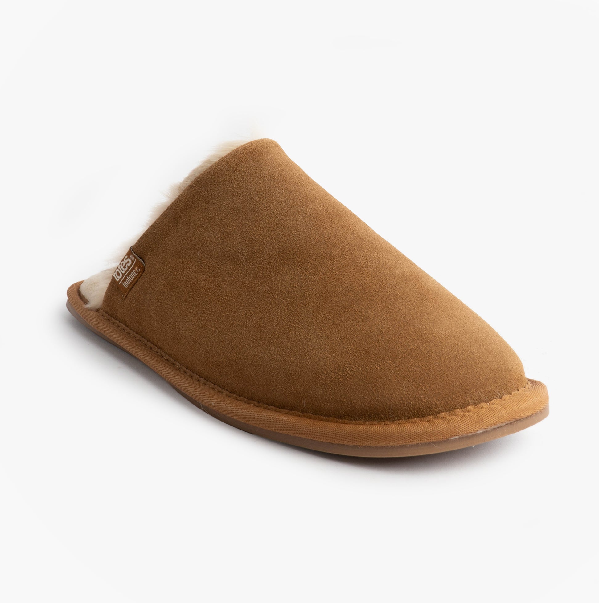 Totes Isotoner REAL SUEDE MULE Womens Slippers Tan side view showing soft suede upper and warm lining.