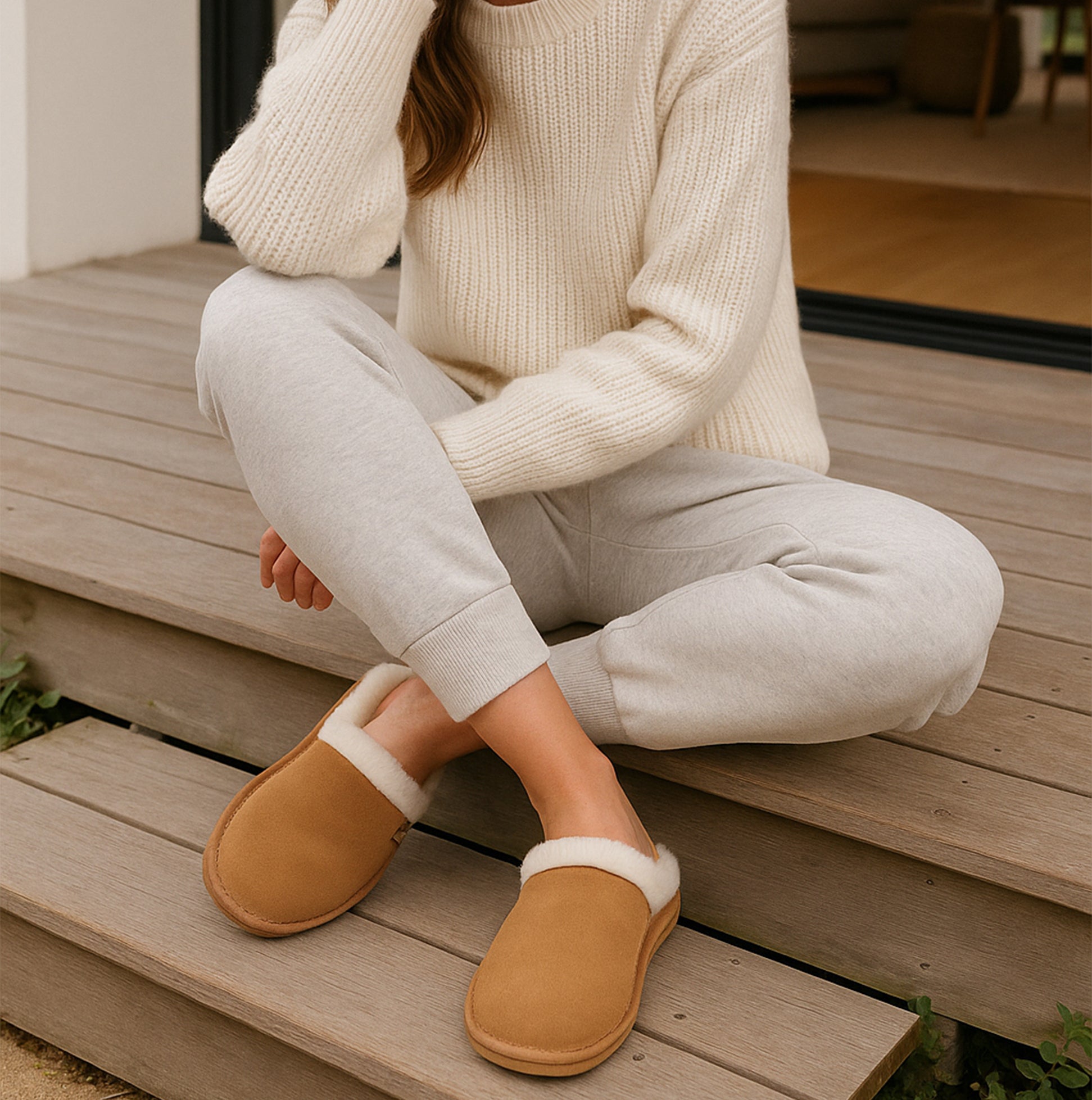 Totes Isotoner REAL SUEDE MULE Womens Slippers Tan side view worn on a woman sitting on wooden steps