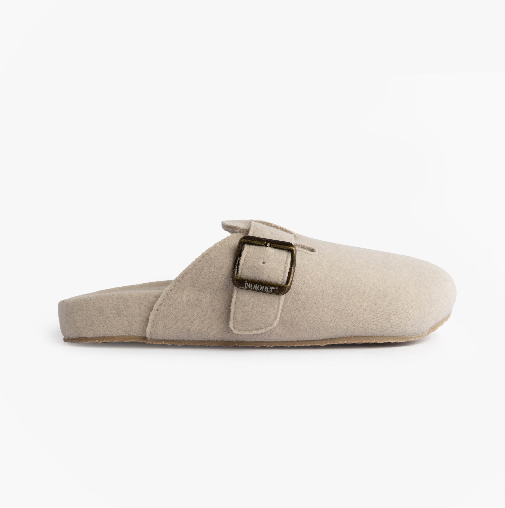 Totes Isotoner FELT CLOG Womens Clog Mule Slippers Oatmeal side view with a buckle detail.