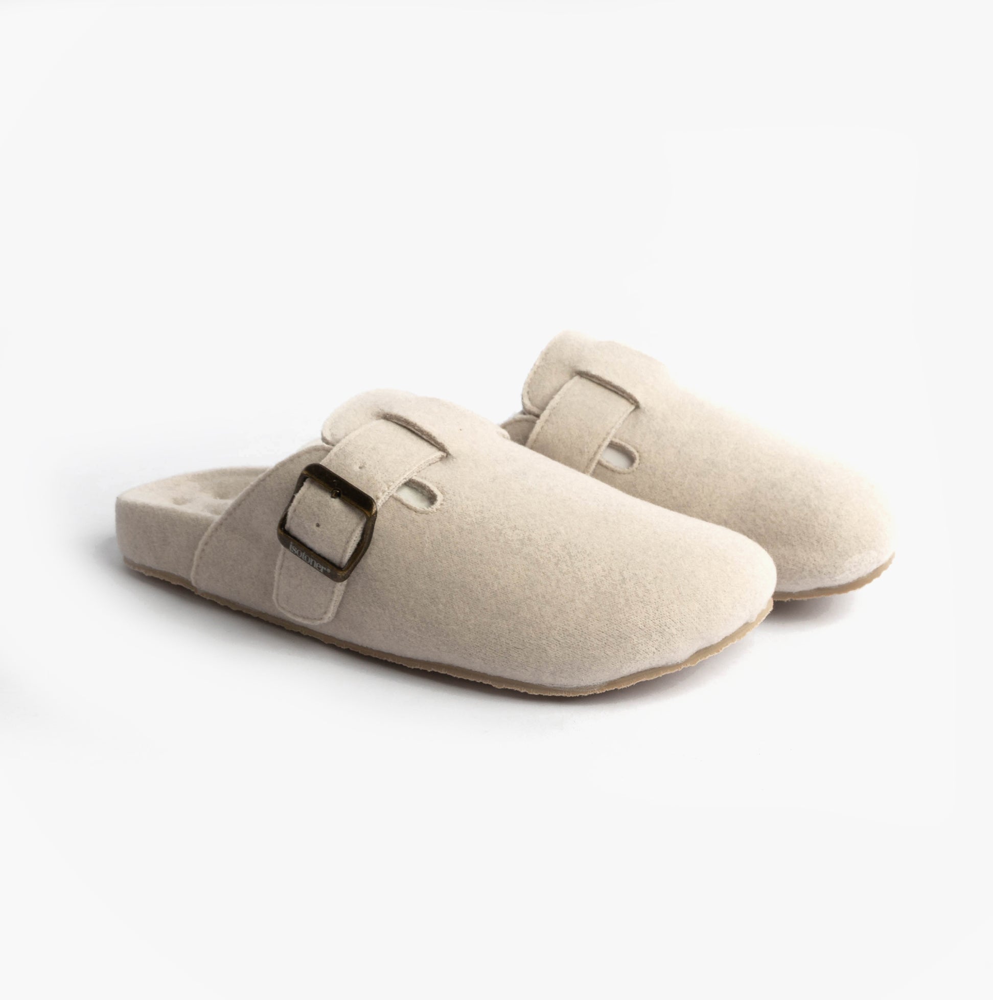 Totes Isotoner FELT CLOG Womens Clog Mule Slippers Oatmeal, side view of soft, slip-on slippers with buckle detail.