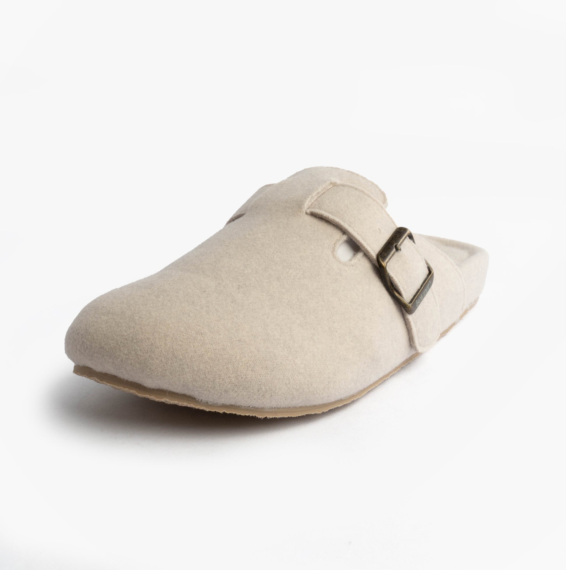Totes Isotoner FELT CLOG Womens Clog Mule Slippers Oatmeal side view showing soft felt upper and stylish buckle.