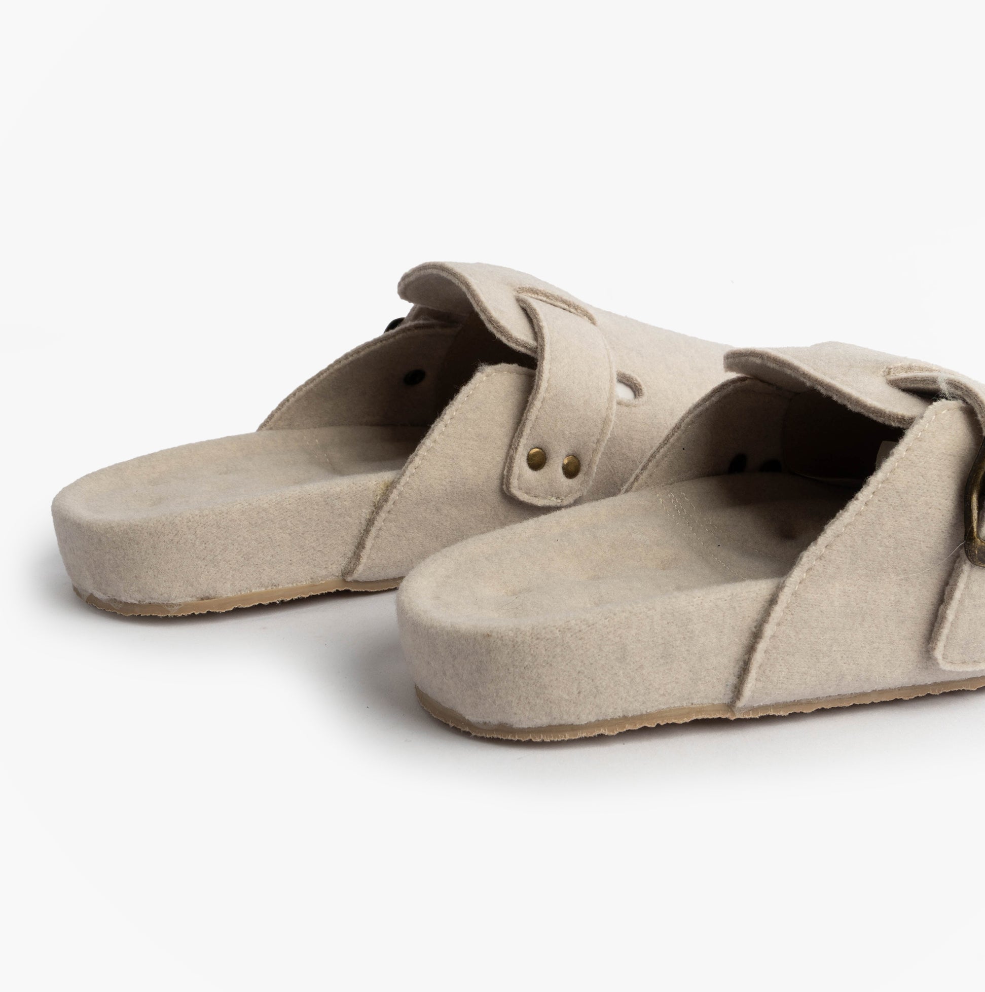 Totes Isotoner FELT CLOG Womens Clog Mule Slippers Oatmeal side view of slip-on shoes with buckle and padded footbed
