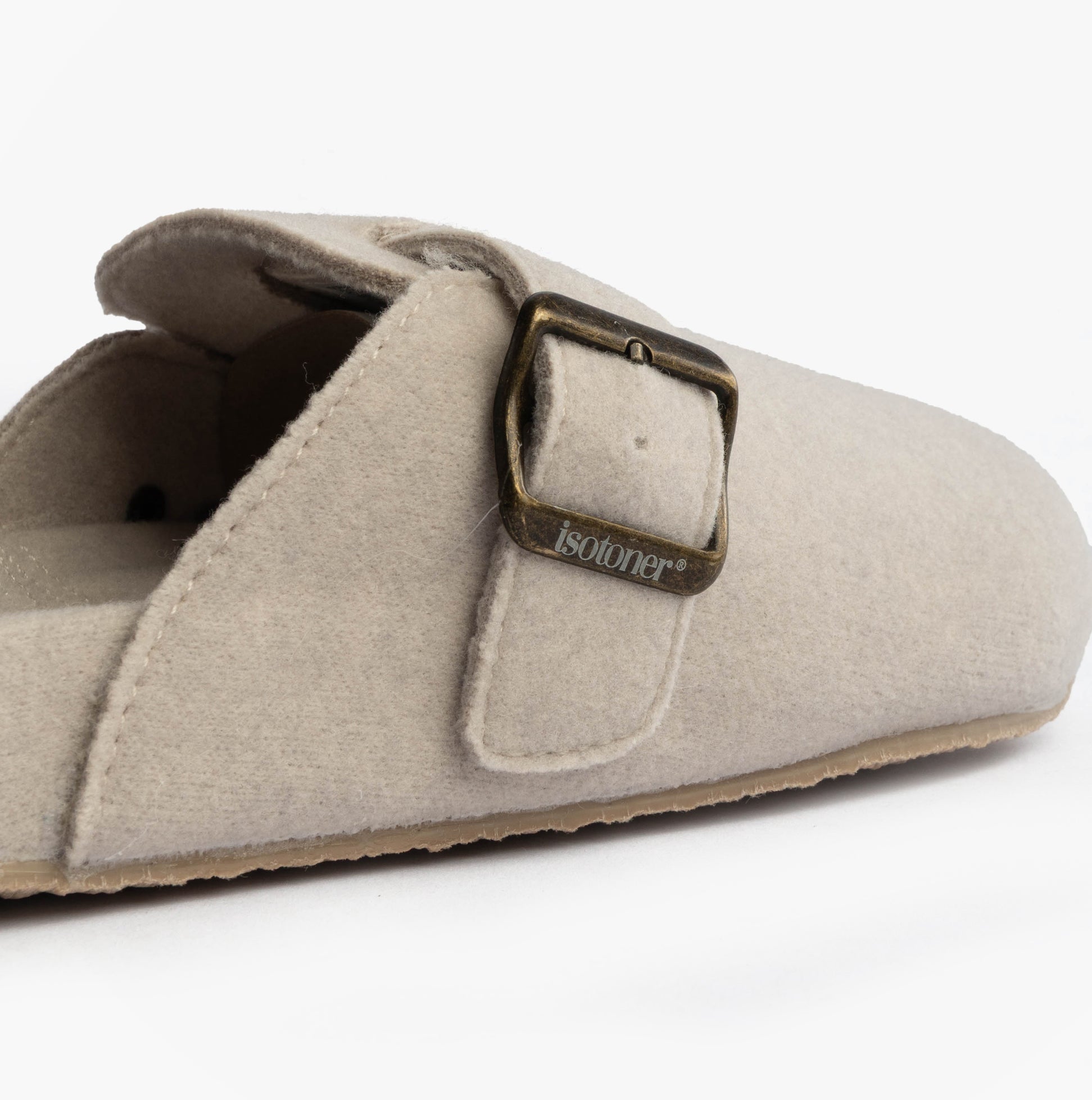 Totes Isotoner FELT CLOG Womens Clog Mule Slippers Oatmeal side view showing buckle detail