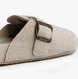 Totes Isotoner FELT CLOG Womens Clog Mule Slippers Oatmeal side view showing buckle detail and soft felt material.