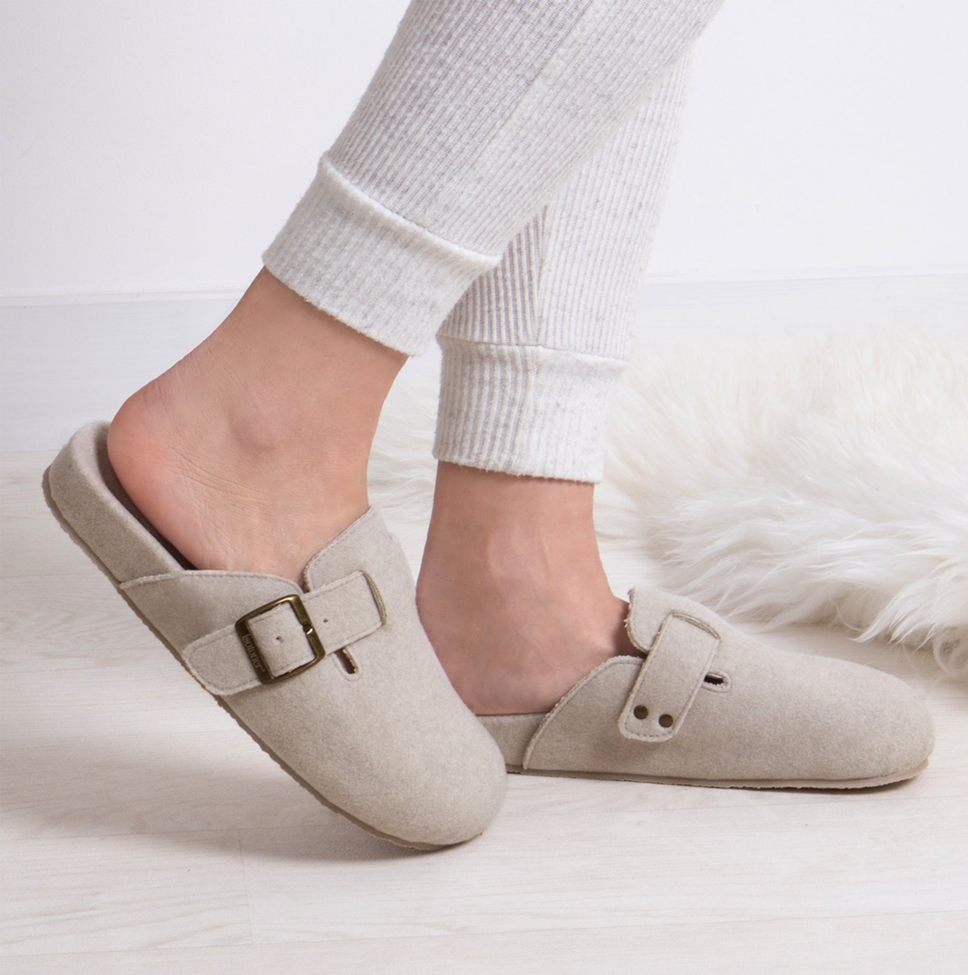 Totes Isotoner FELT CLOG Womens Clog Mule Slippers Oatmeal side view with a buckle detail and padded footbed.