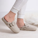 Totes Isotoner FELT CLOG Womens Clog Mule Slippers Oatmeal side view with a buckle detail and padded footbed.