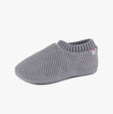 Totes Isotoner POPCORN FULL BACK BOOTIE Womens Slippers Grey side view, featuring a cozy knitted design and slip-on style.