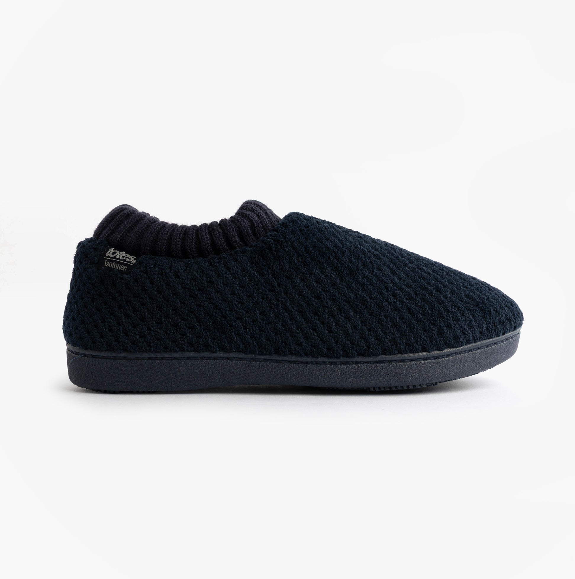 Totes Isotoner POPCORN FULL BACK BOOTIE Womens Slippers Navy side view featuring soft polyester upper and TPR sole.