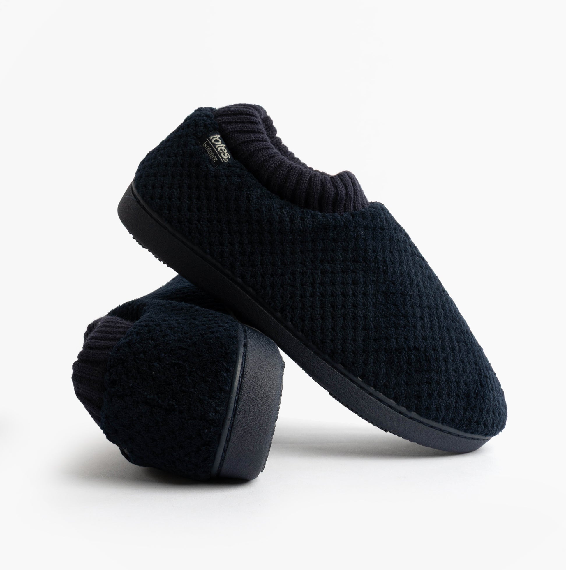 Totes Isotoner POPCORN FULL BACK BOOTIE Womens Slippers Navy side view, showcasing full back bootie style and cozy design.