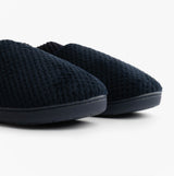 Totes Isotoner POPCORN FULL BACK BOOTIE Womens Slippers Navy close-up side view of slippers with textured fabric.