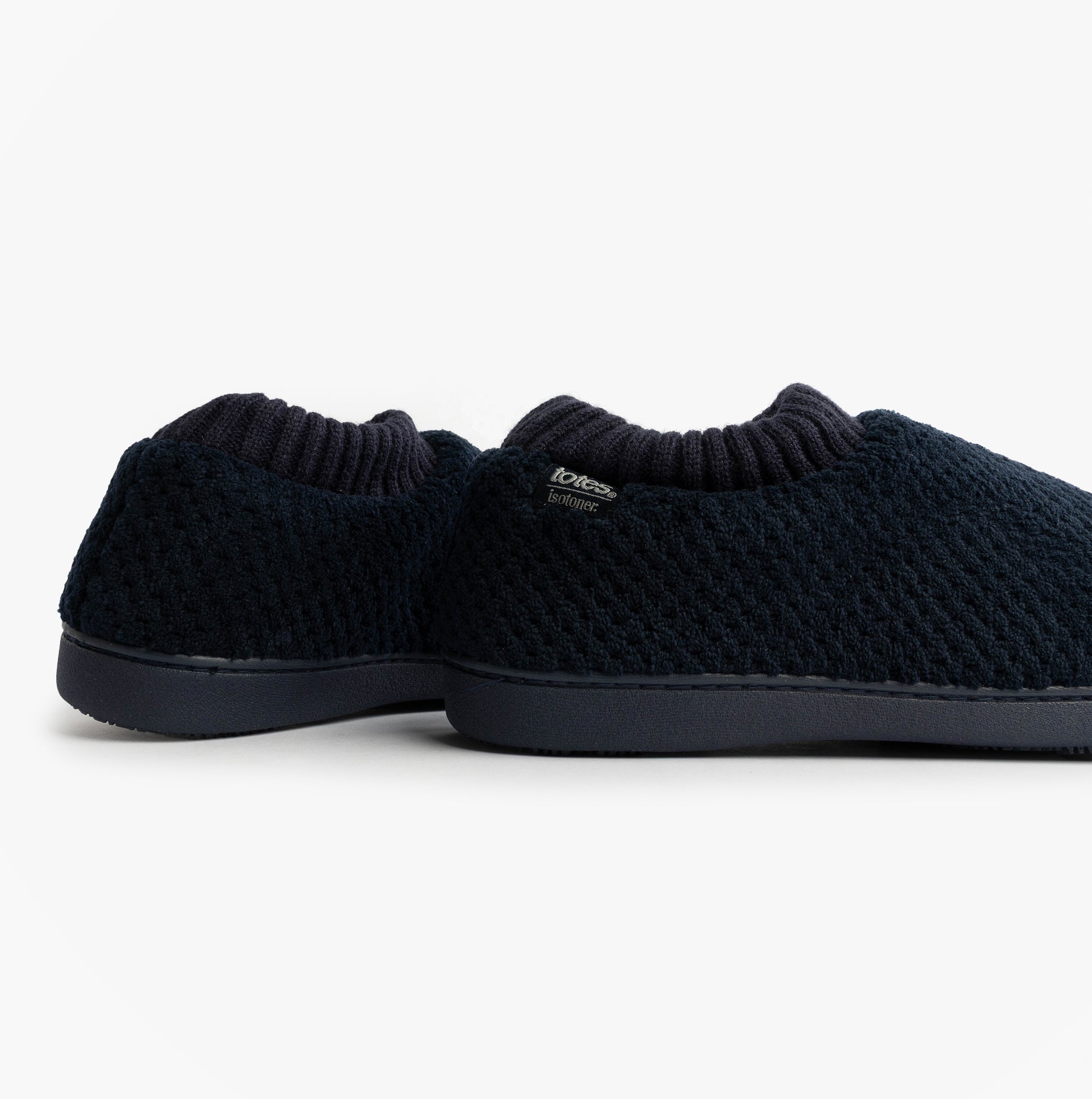 Totes Isotoner POPCORN FULL BACK BOOTIE Womens Slippers Navy side view showcasing soft fabric and slip-on design.