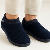 Totes Isotoner POPCORN FULL BACK BOOTIE Womens Slippers Navy side view, showing comfort and soft knit material