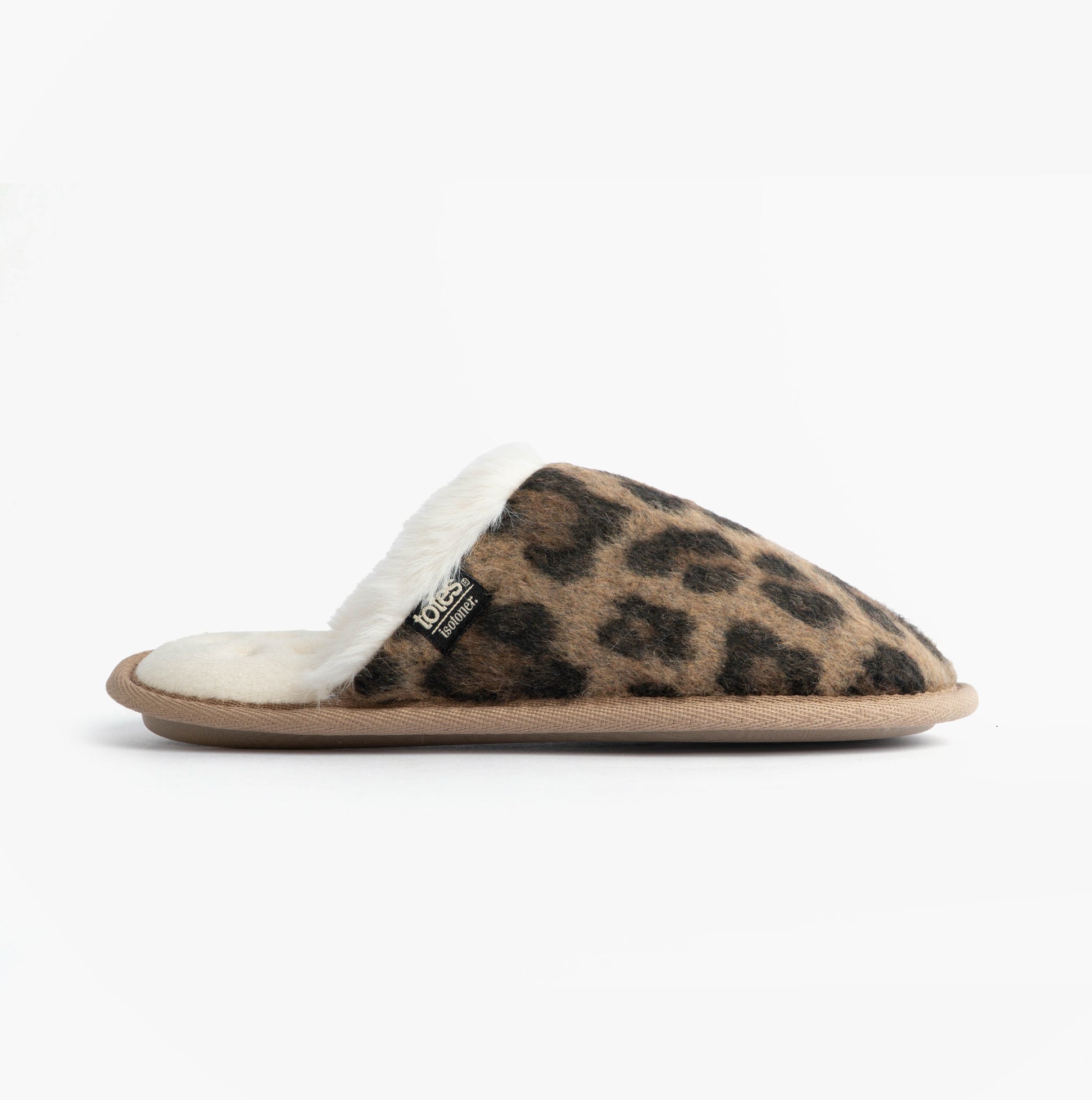 Totes Isotoner ANIMAL FUR Womens Mule Slippers Animal Print side view showcasing leopard print design and soft lining.