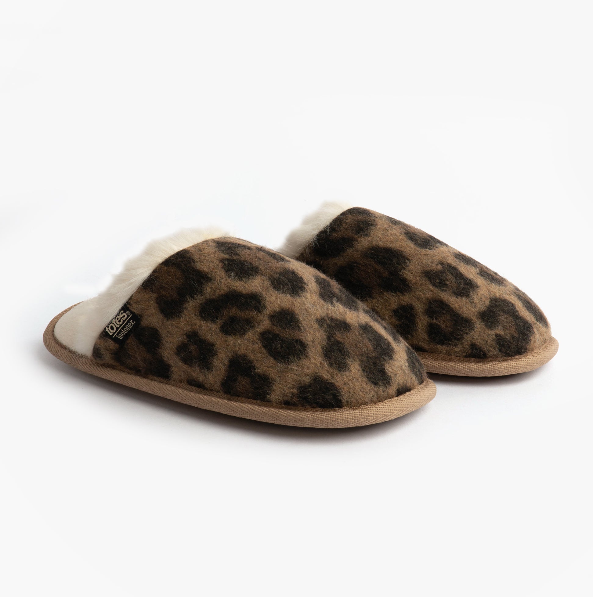 Totes Isotoner ANIMAL FUR Womens Mule Slippers Animal Print side view showing leopard print design and soft lining.
