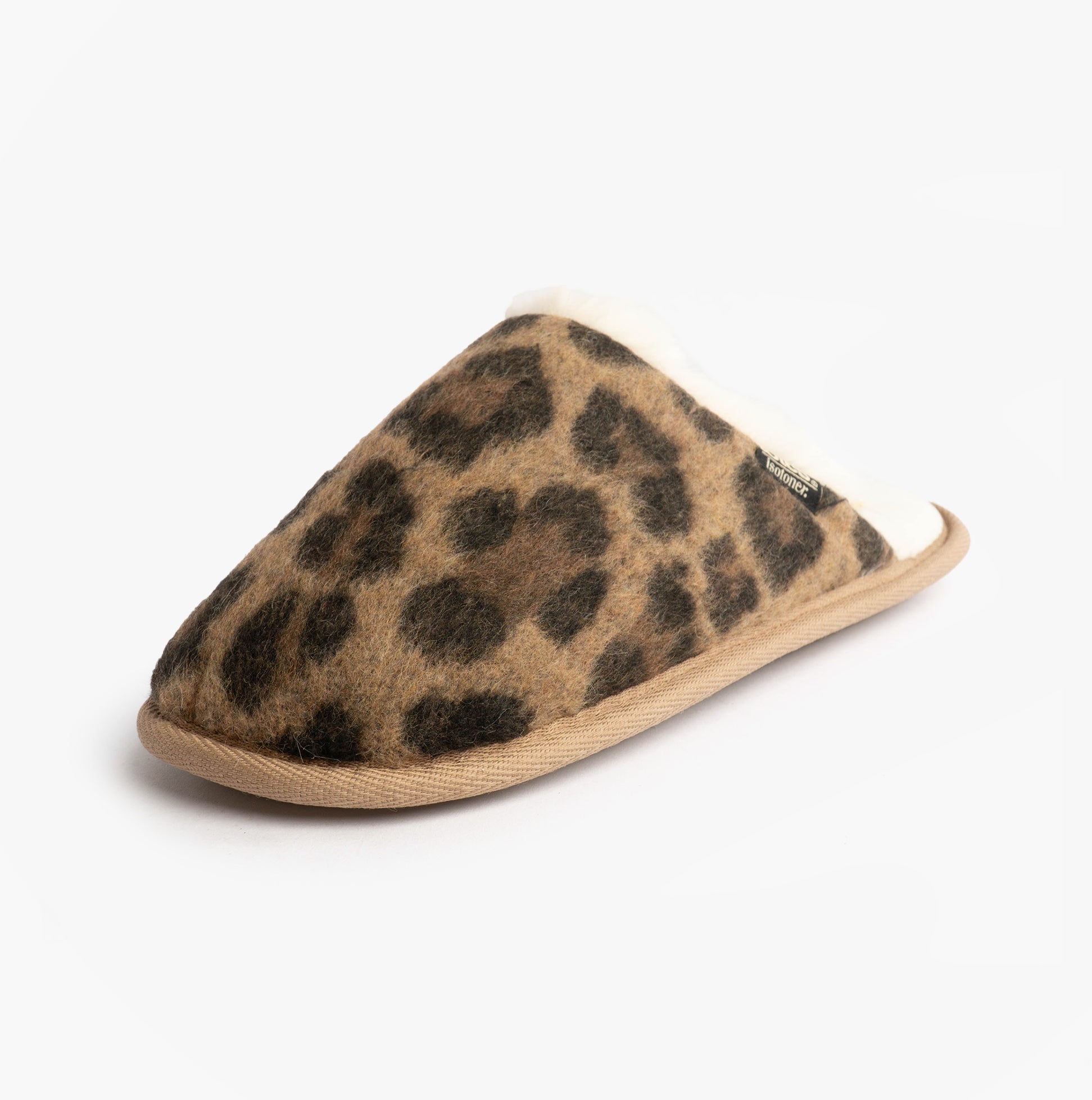Totes Isotoner ANIMAL FUR Womens Mule Slippers Animal Print side view showing leopard pattern and soft lining.