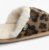 Totes Isotoner ANIMAL FUR Womens Mule Slippers Animal Print side view showcasing leopard print and plush lining