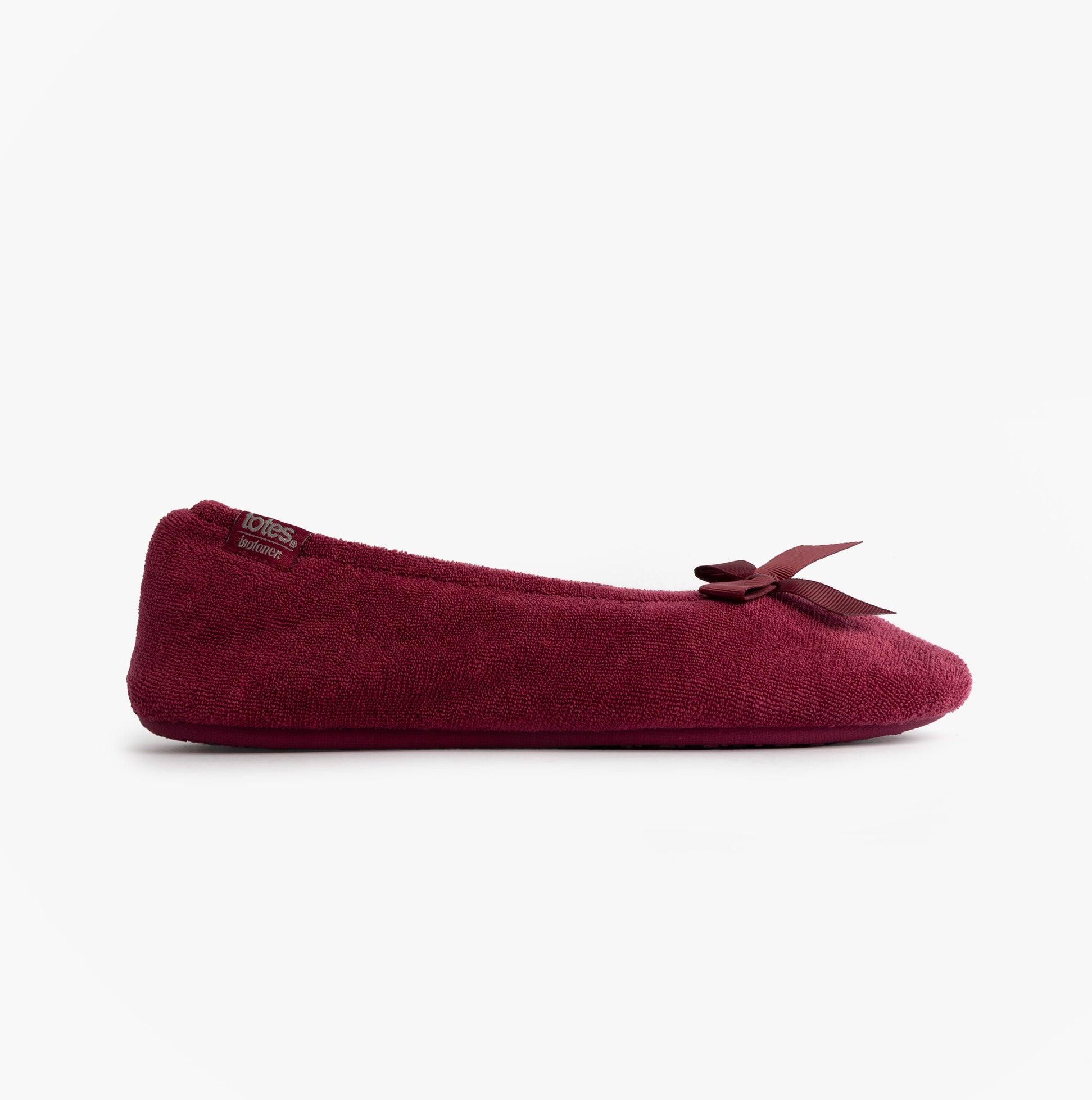 Totes Isotoner STRETCH TERRY BOW Womens Ballerina Slippers Burgundy side view showcasing soft terry material and bow design.