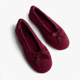 Totes Isotoner STRETCH TERRY BOW Womens Ballerina Slippers Burgundy top view showcasing soft fabric and bow detail.