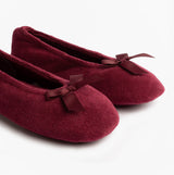 Totes Isotoner STRETCH TERRY BOW Womens Ballerina Slippers Burgundy close-up view showing the soft texture and bow detail.